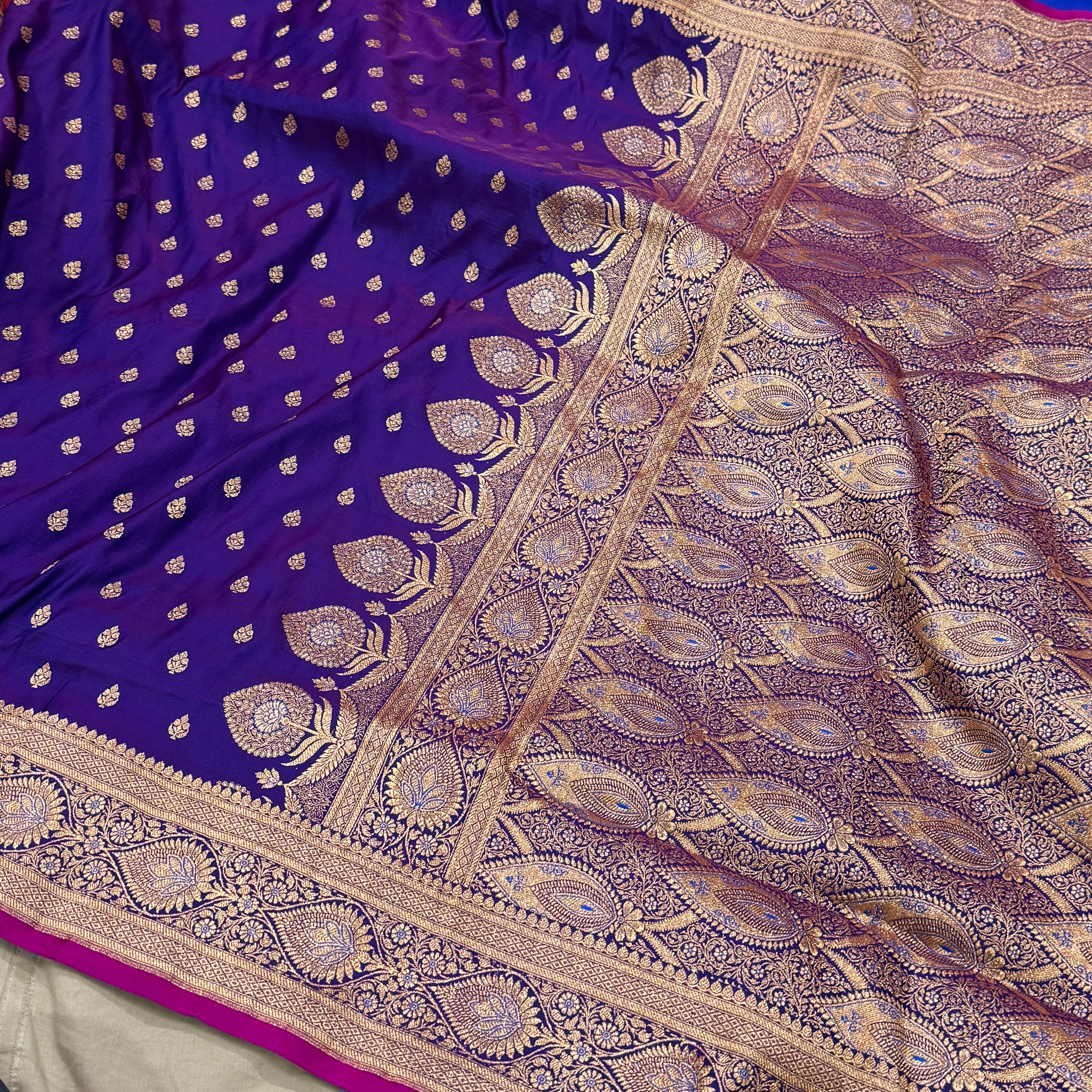 Royal magenta Booti Satin Katan Silk Saree