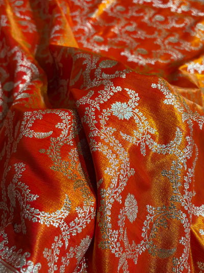 Fire Gold Contrast Shades Jaal Pattern Banarasi Satin Silk Saree SS47