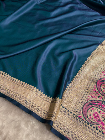 German Blue Shades Banarasi With Plain & Minakari Floral Border Mashru Silk Saree MSM-129