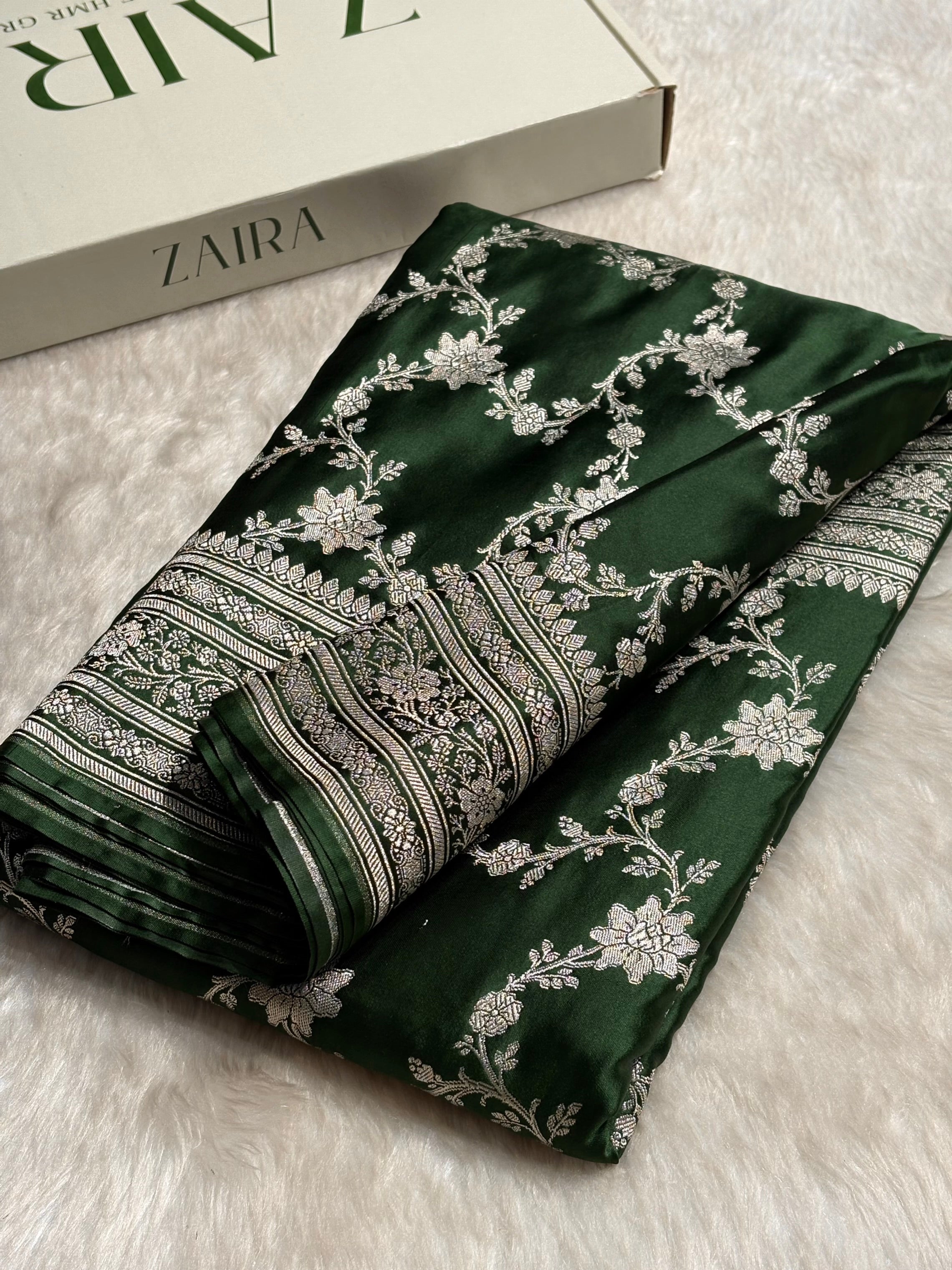 Bottle Green Floral Jaal Mashru Silk Saree