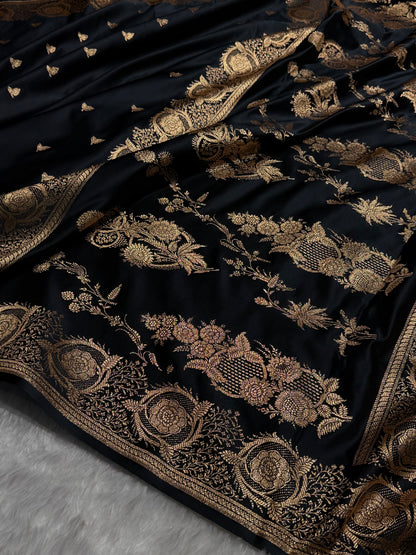Banarasi Satin Katan Saree With Minakari Boota in Black Shades SK95