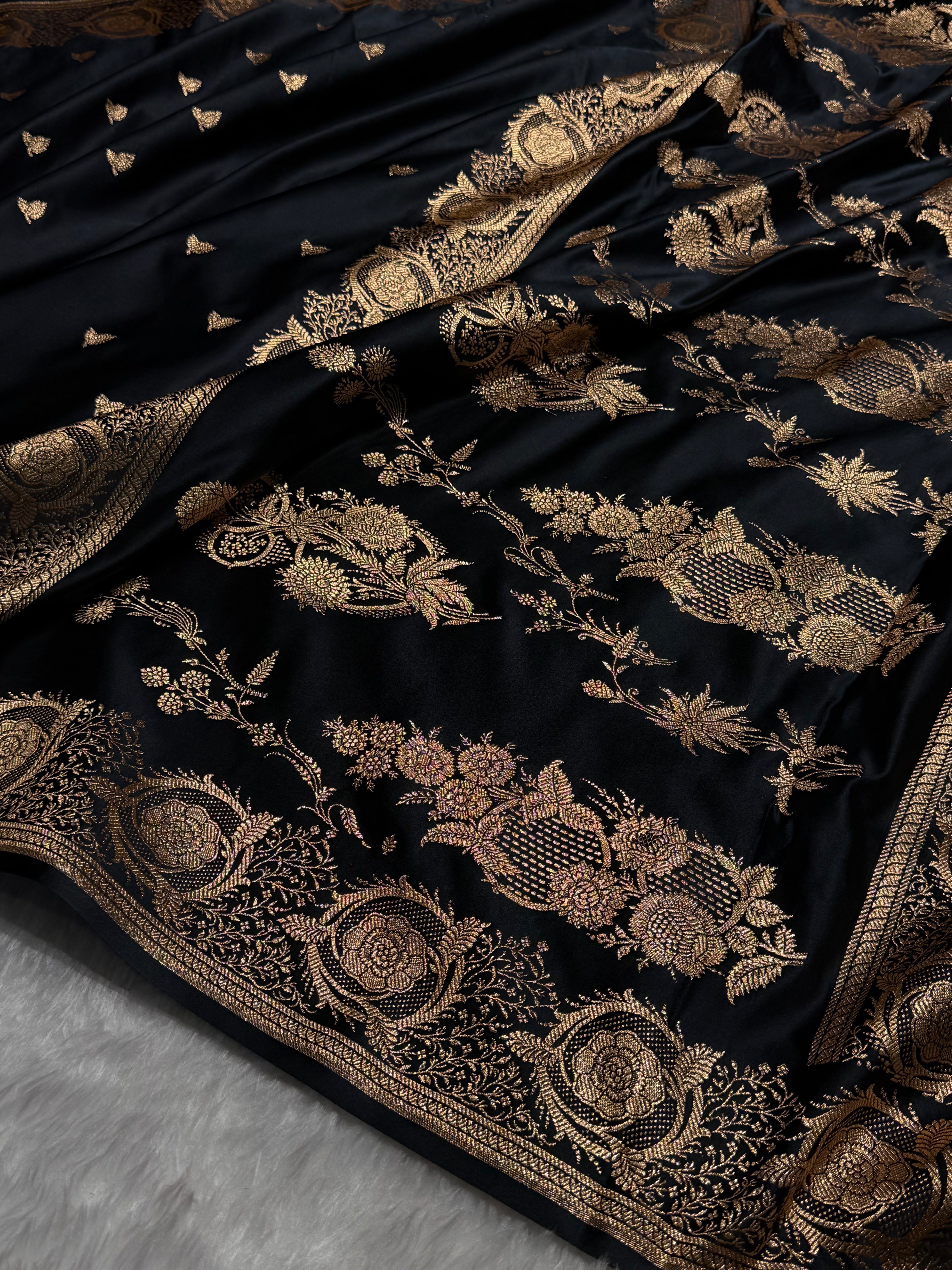 Banarasi Satin Katan Saree With Minakari Boota in Black Shades SK95