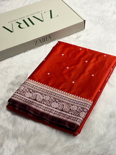 Contrast Rust Orange with Chocolate Shades Booti Mashru Silk Saree MCS64