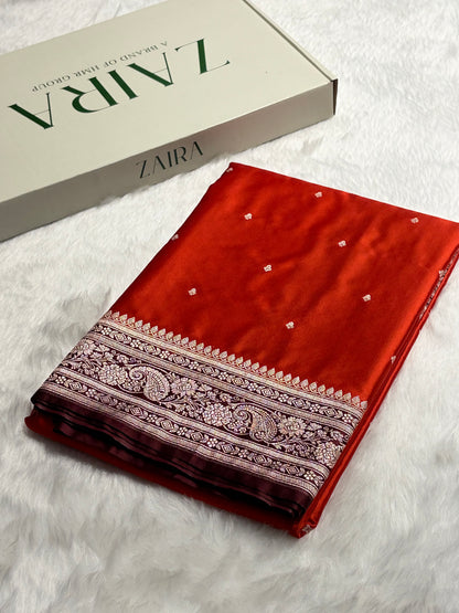 Contrast Rust Orange with Chocolate Shades Booti Mashru Silk Saree MS64