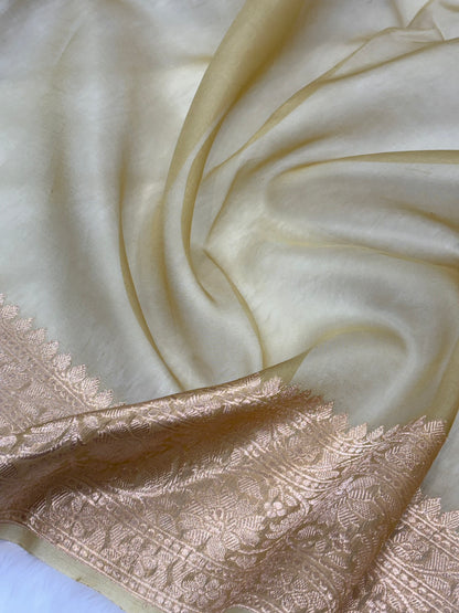 Pure Organza Dusty Yellow Floral Meena Banarasi Silk Saree PO-04