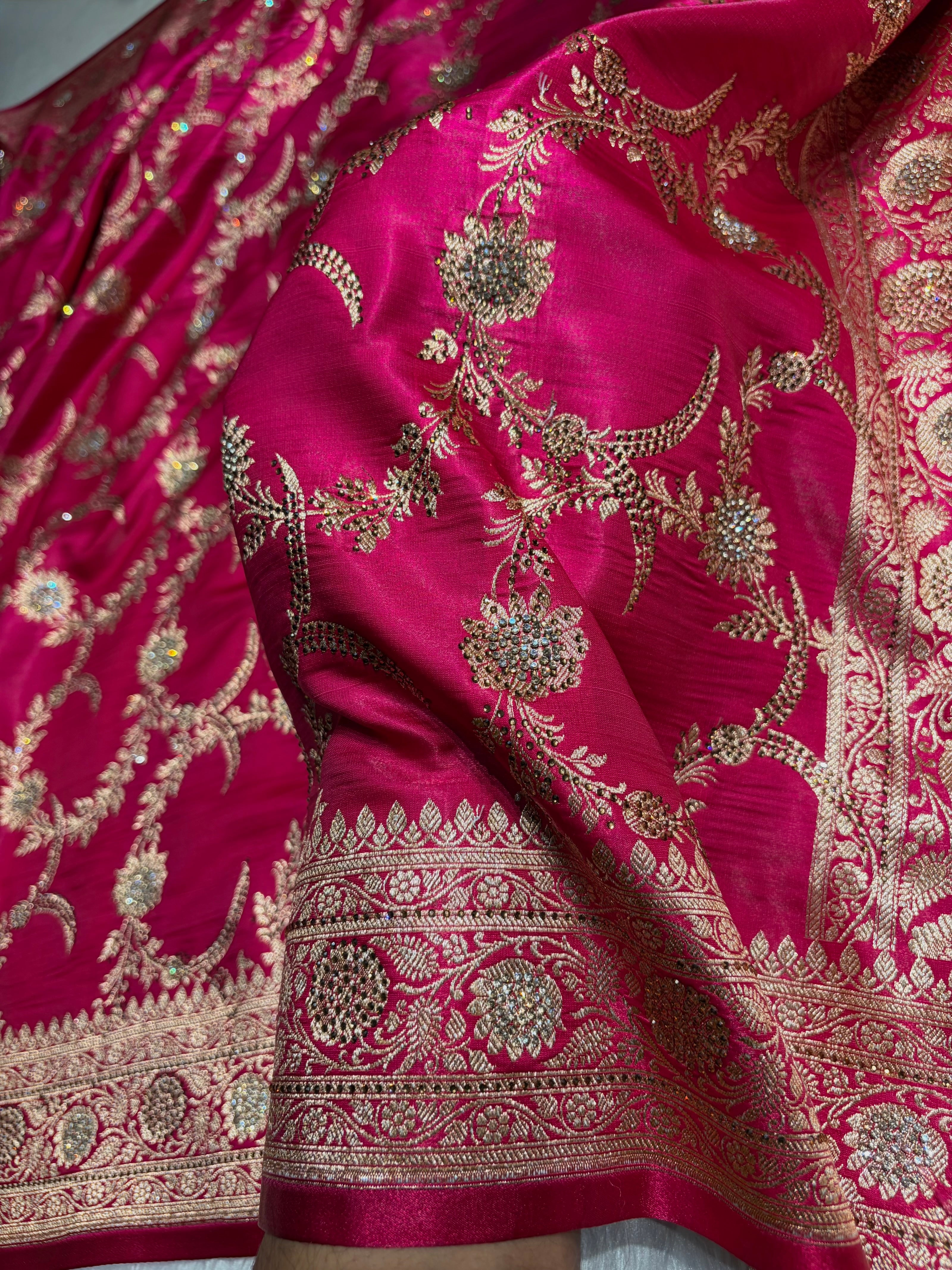 Rani Shades Swarovski Work Jaal Pattern Satin Silk Saree SS18