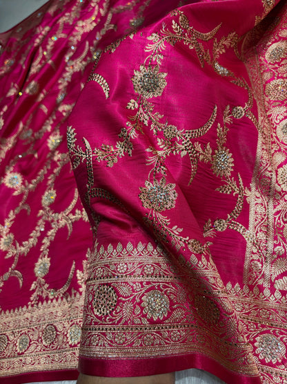 Rani Shades Swarovski Work Jaal Pattern Satin Silk Saree SS18