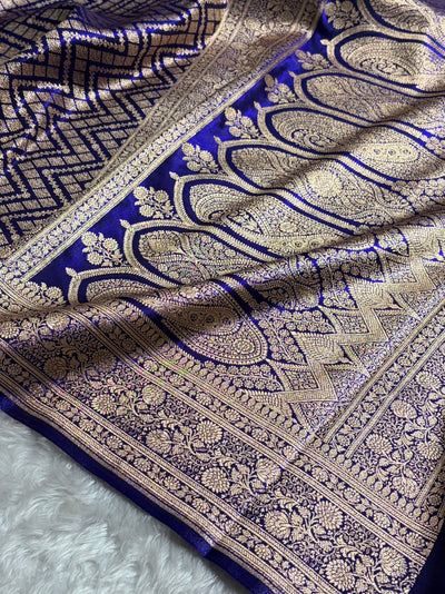 Royal Blue Shades Jaal Pattern Banarasi Satin Silk Saree SS56