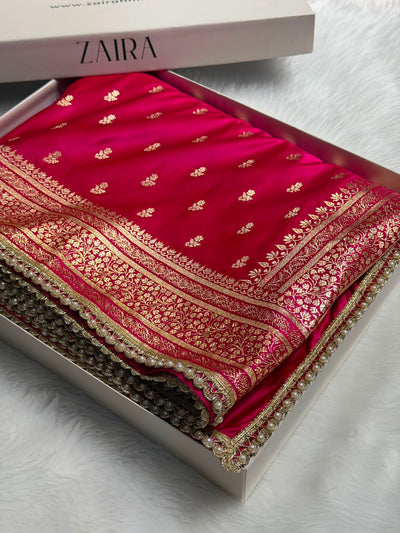 Banarasi Satin Katan Saree With Gotta Patti Boota in Rani Shades SKGP89