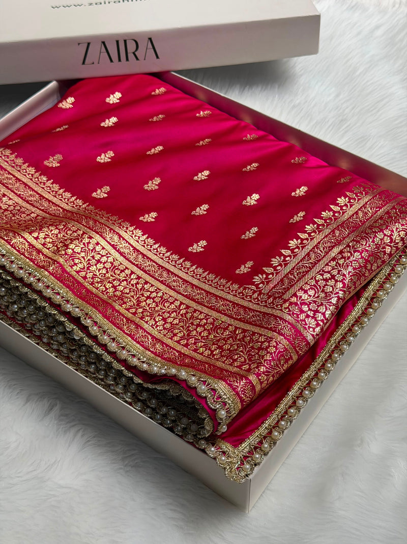 Banarasi Satin Katan Saree With Gotta Patti Boota in Rani Shades SKGP89