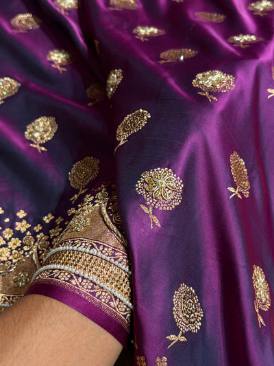 Banarasi Satin Katan Saree With Ari & Zardozi Work Boota in Wine Shades BSK111