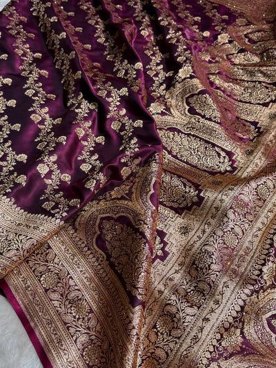 Wine Shades Banarasi Cross Jaal With Stone Work Satin Silk Saree BSS11