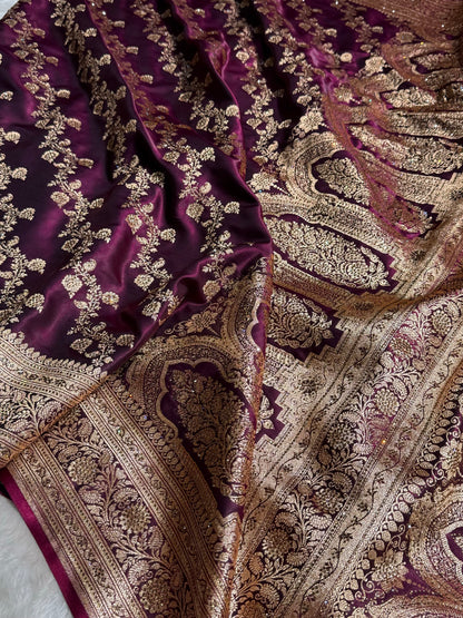 Wine Shades Banarasi Cross Jaal With Stone Work Satin Silk Saree BSS11