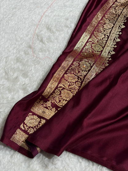 Garnet Floral Jaal Pattern with Sewarovsi Work Satin Katan Silk saree BSK42