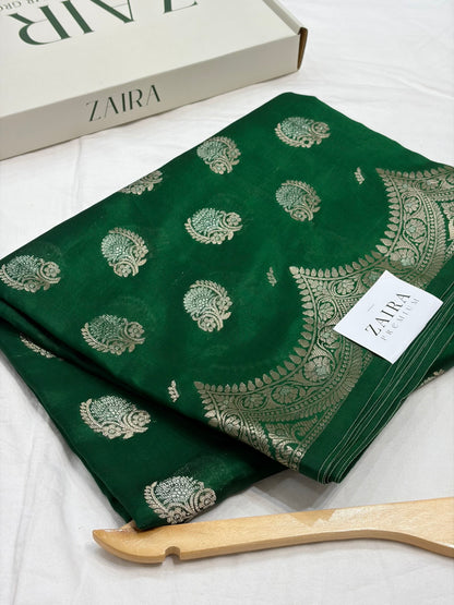 Bottle Green Flower Booti Pure Caramel Silk Saree