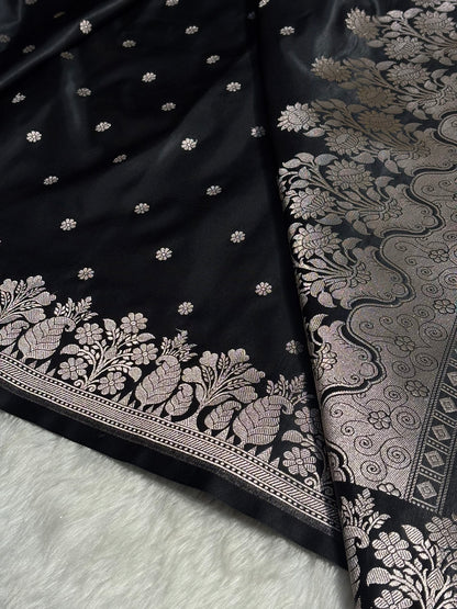 Black Floral Boota With Floral Border Mashru Silk Saree MSM 79
