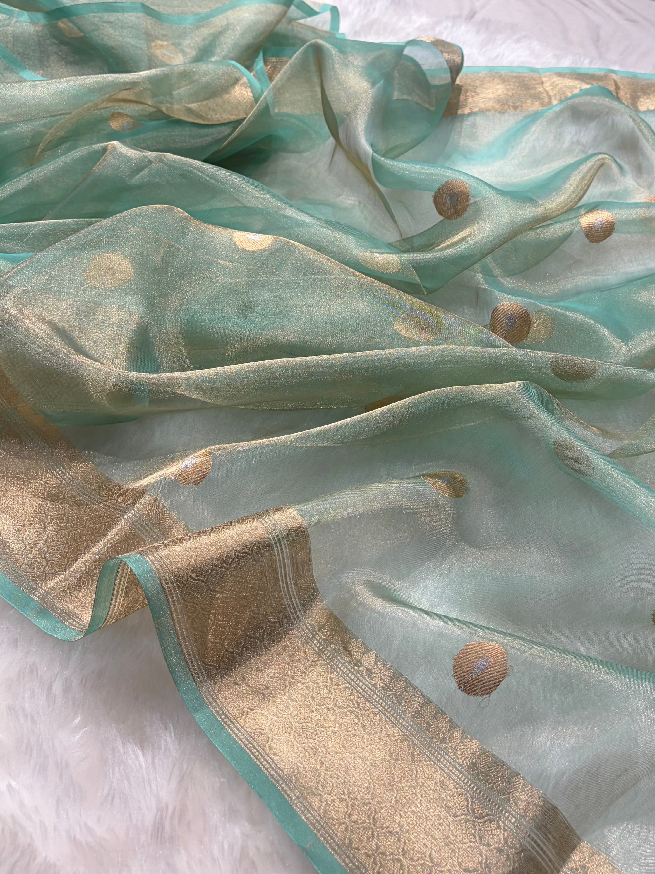 Sea Green Bananasi Floral Shades Pure Tissue Silk Saree PT-40