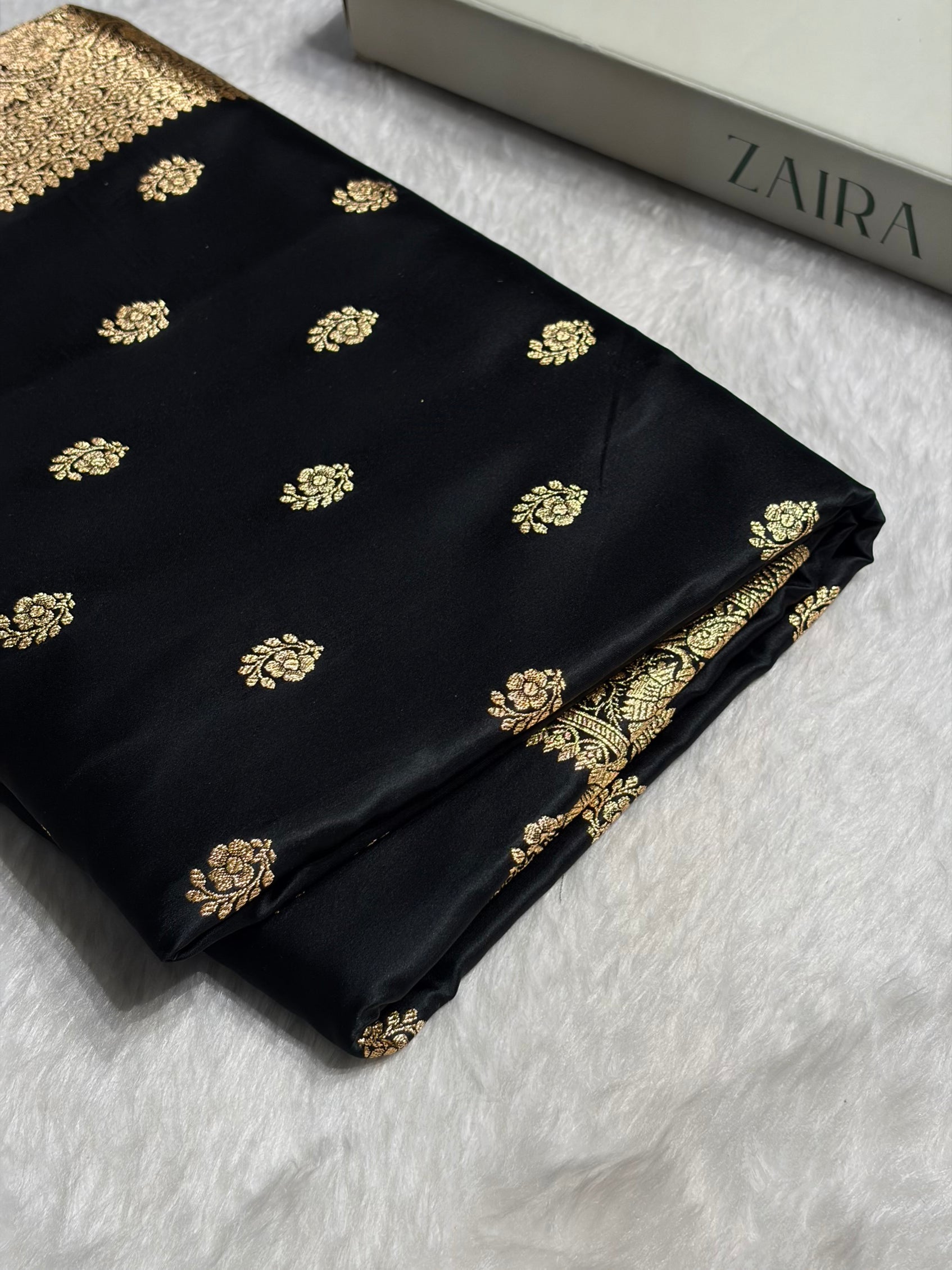 Black Floral Boota Pattern Satin Katan Silk Saree SK72