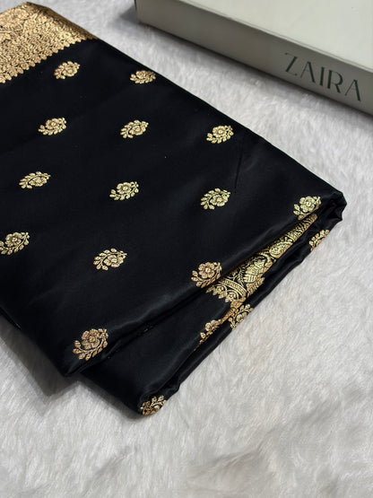 Black Floral Boota Pattern Satin Katan Silk Saree SK72