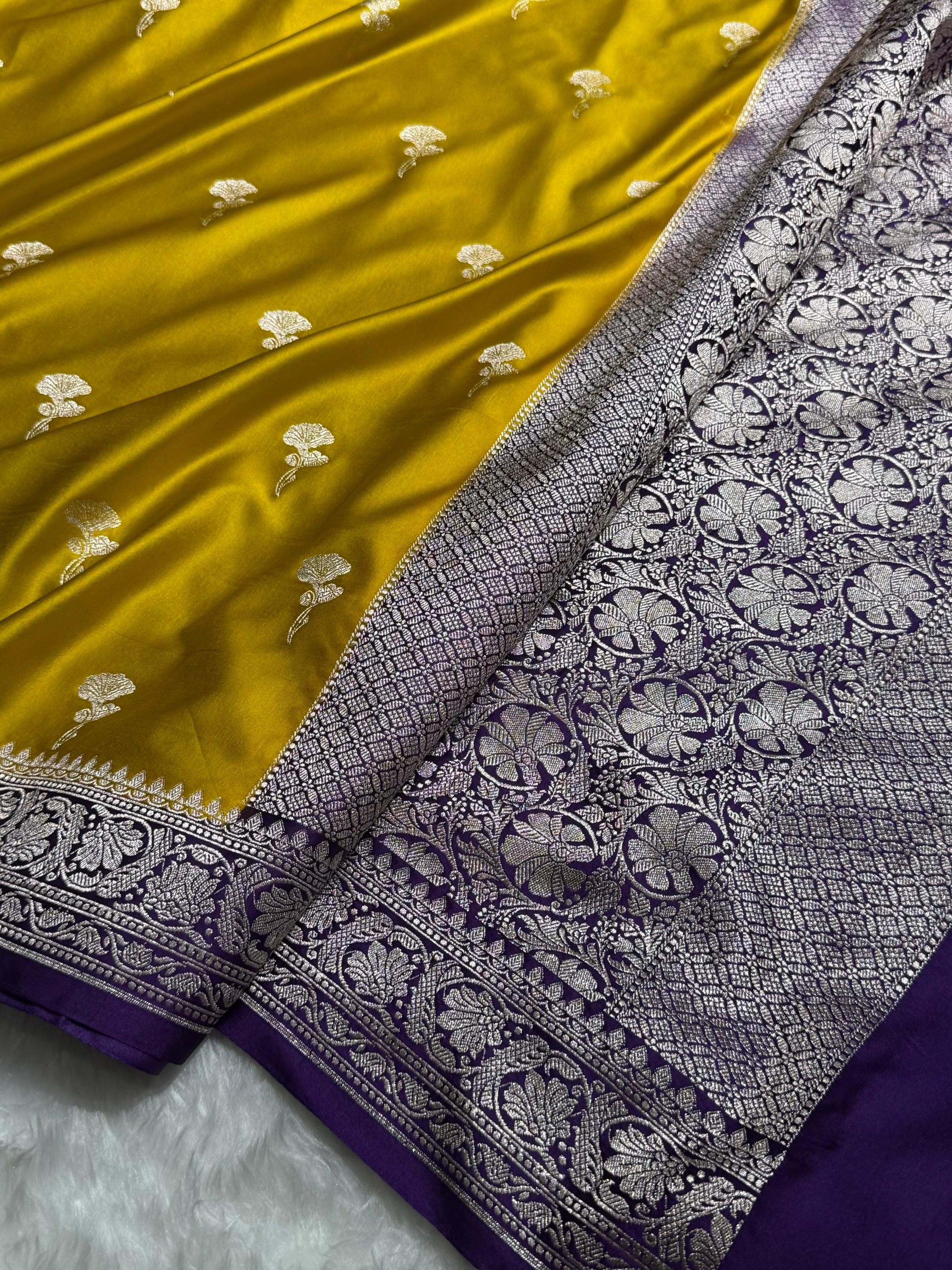 Contrast Mustard With Dark Purple Shades Minakari Boota Mashru Silk Saree