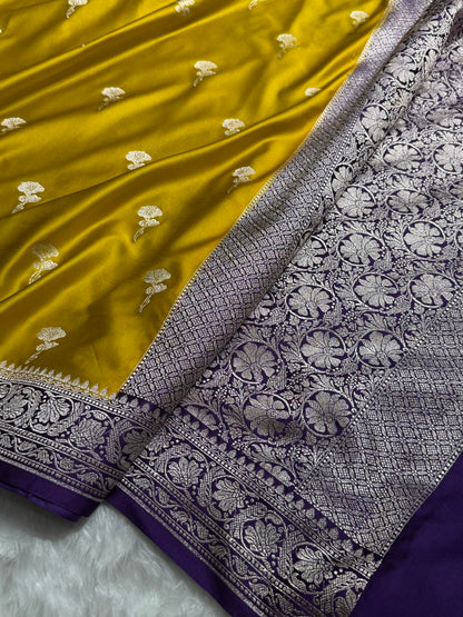Contrast Mustard With Dark Purple Shades Minakari Boota Mashru Silk Saree