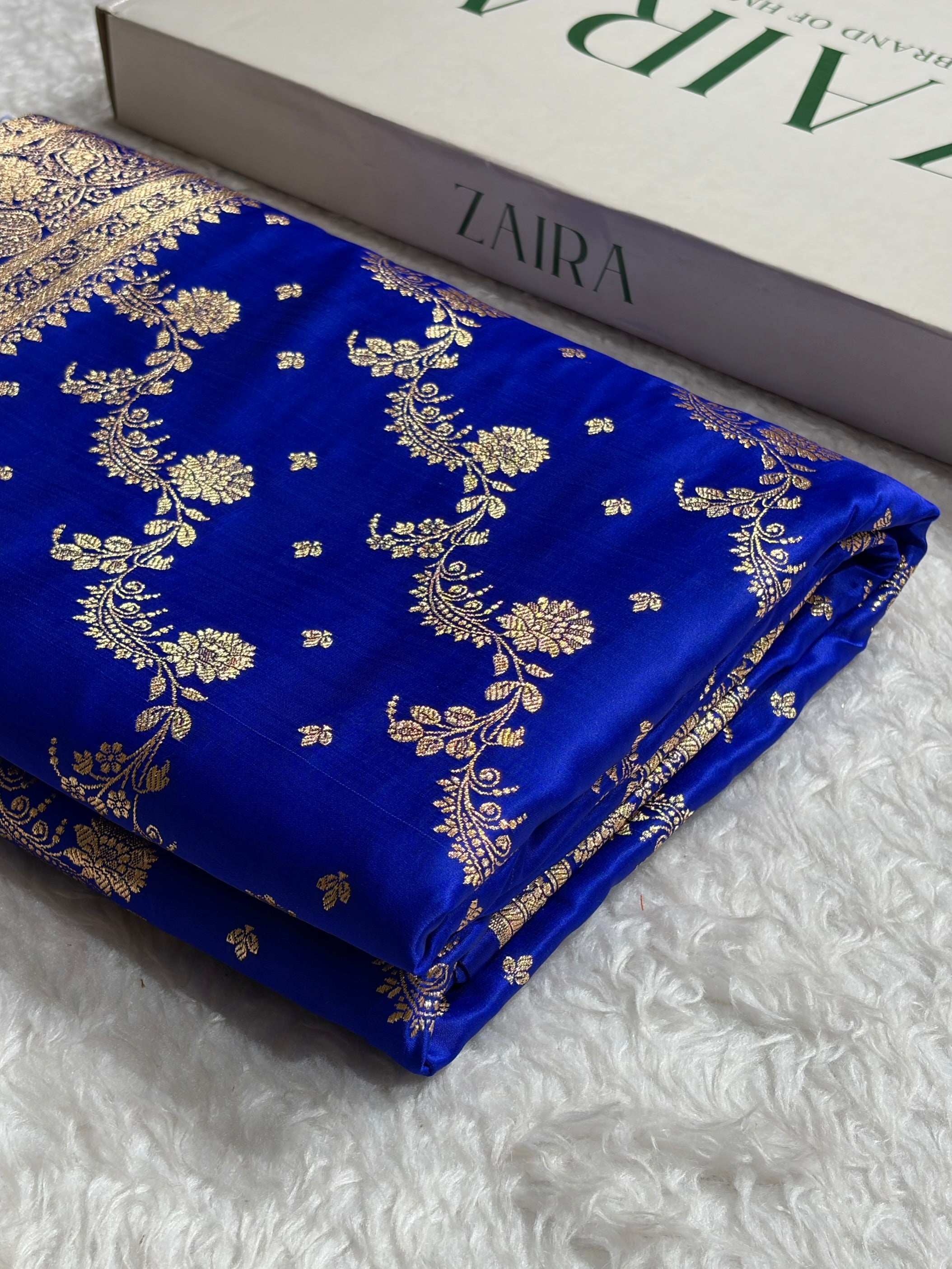 Banarasi Satin Katan Saree With Jaal Pattern in Royal Blue Shades SK121
