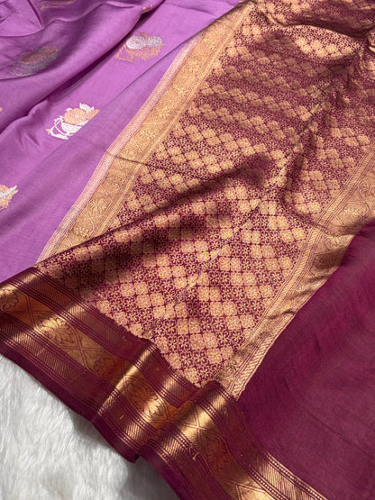 Contrast Lavender With Garnet Boota Handwoven Raw Mango Silk RM-29
