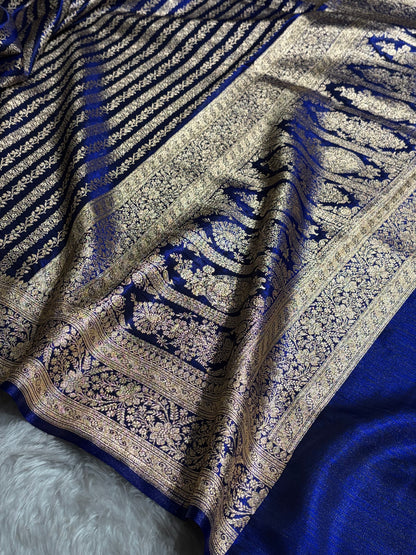Royal Blue Shades Stripe Pattern Banarasi Satin Silk Saree SS46