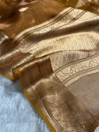 Mustard Bananasi Floral Shades Pure Tissue Silk Saree PT-38