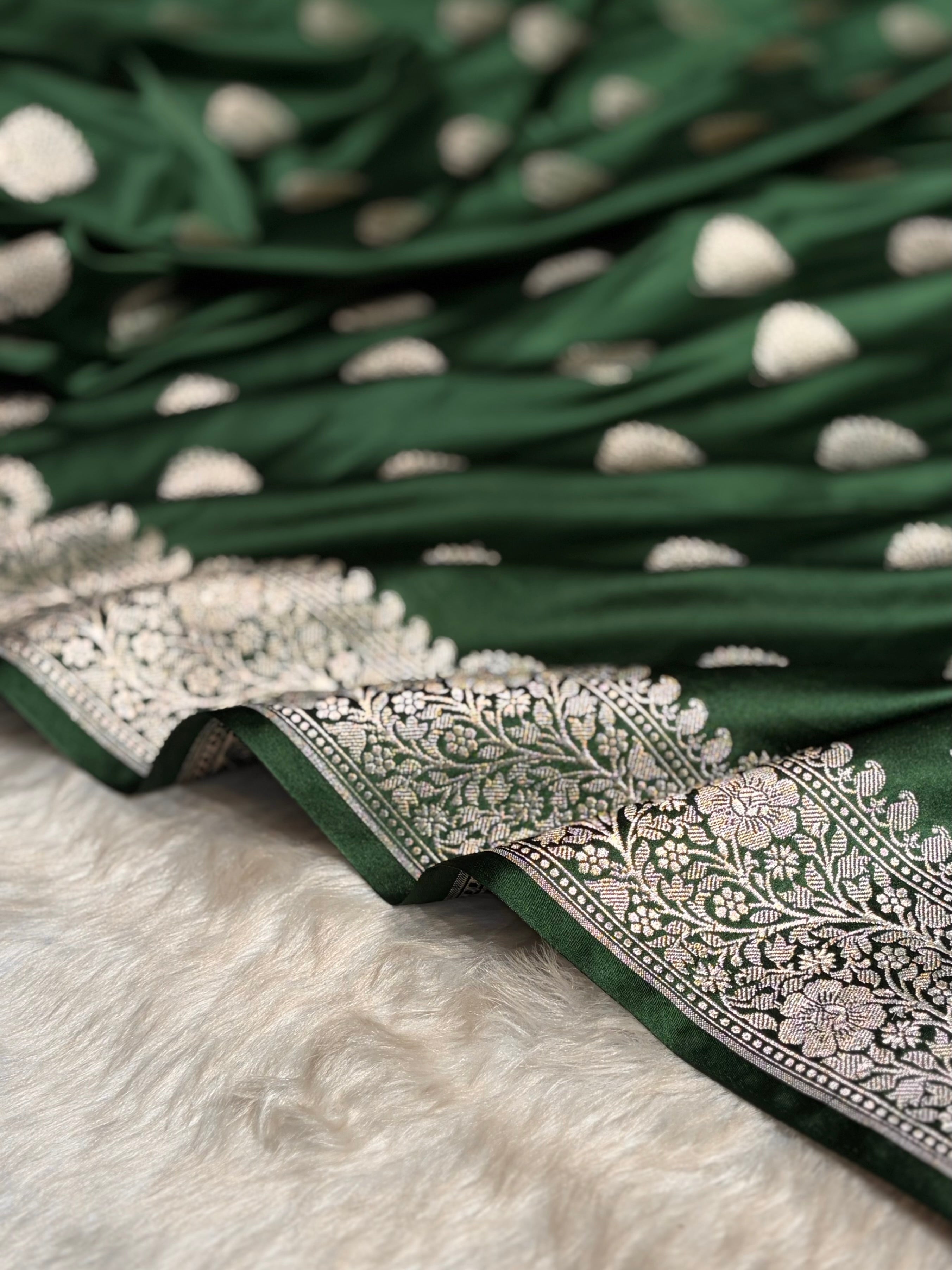 Bottle Green Tree Boota Minakari Mashru Silk Saree MS19