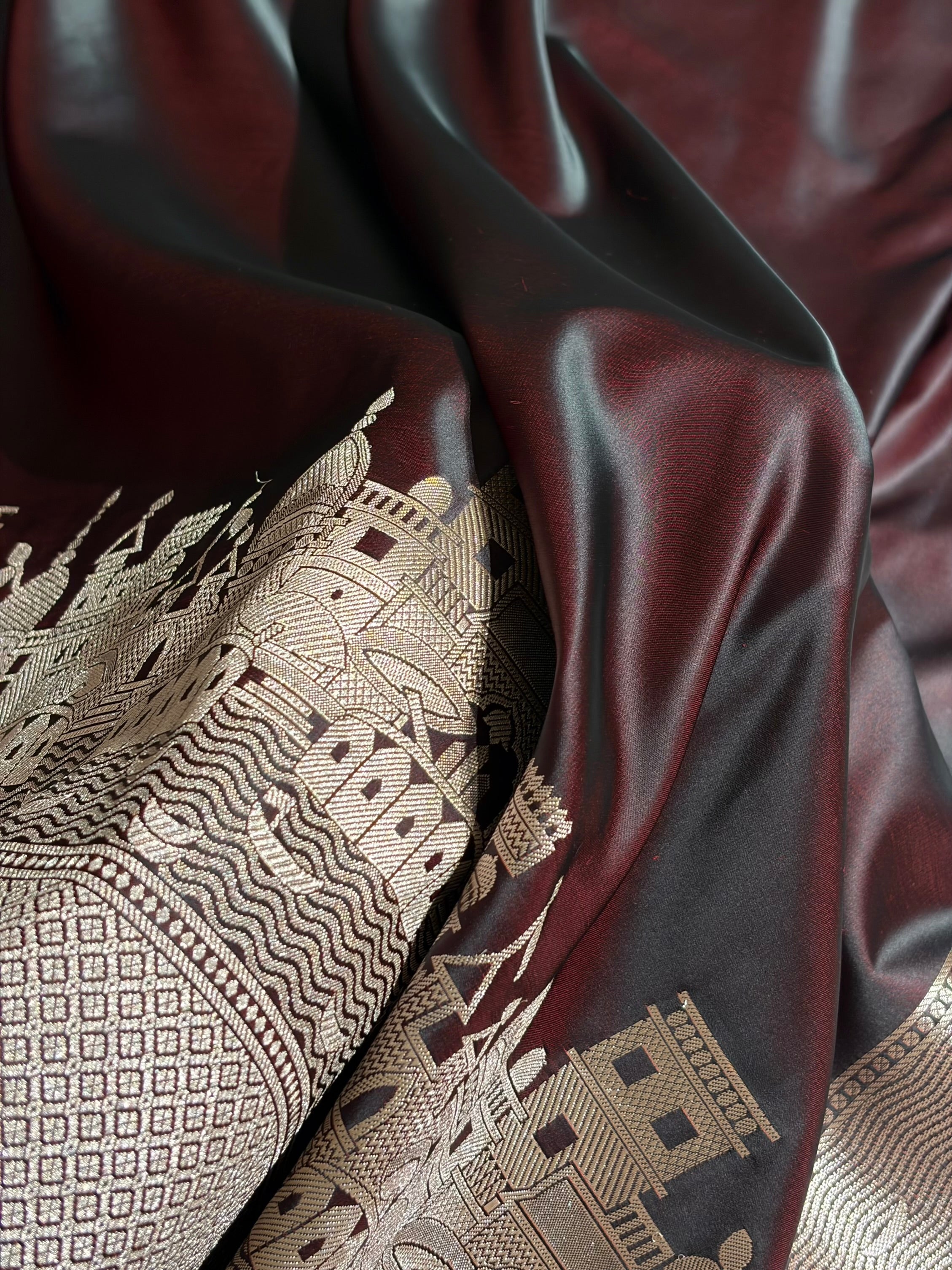 Cross Garnet Shades Ghat Pattern Satin Katan Silk Saree SK19
