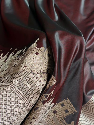 Cross Garnet Shades Ghat Pattern Satin Katan Silk Saree SK19