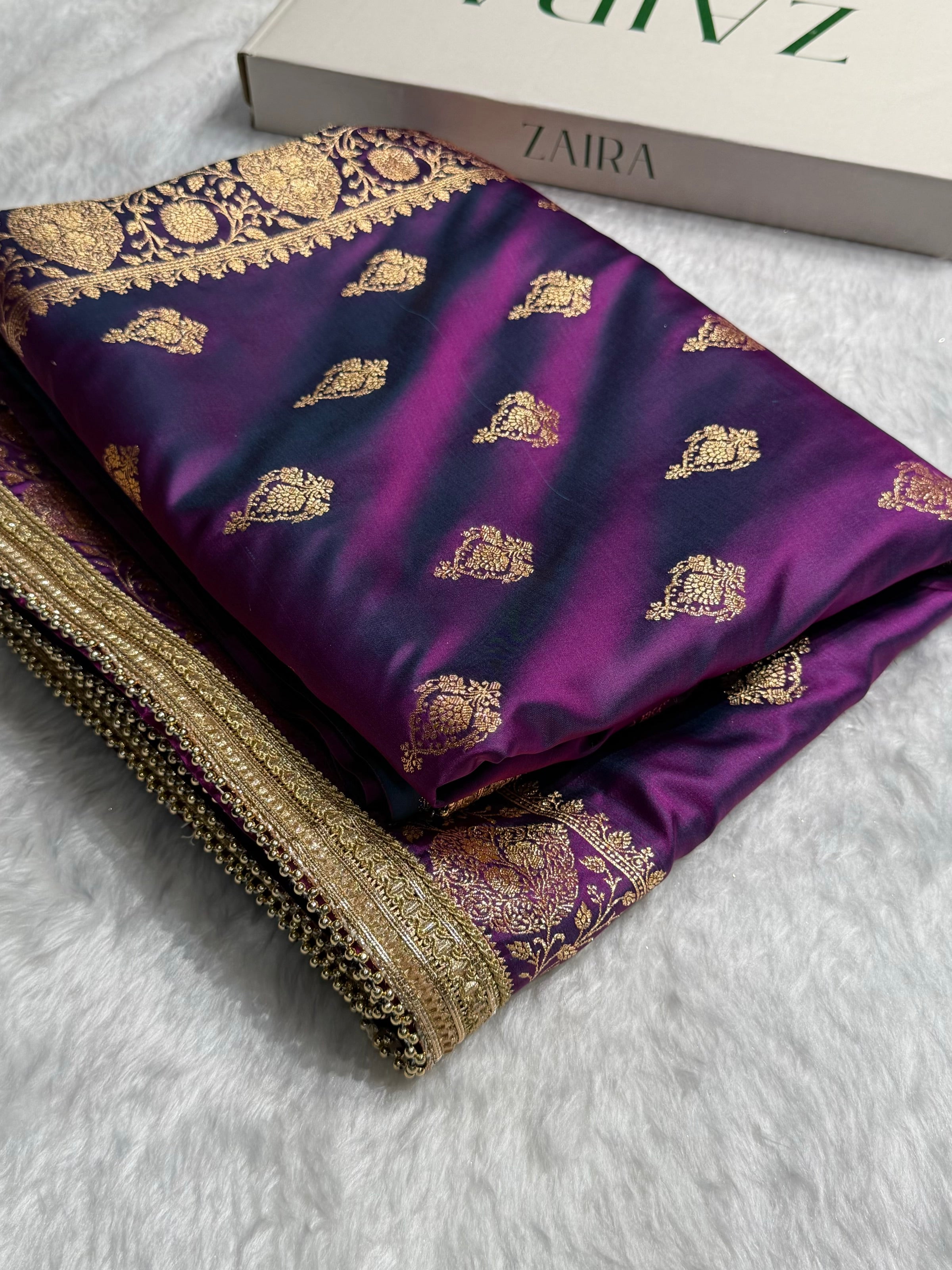 Banarasi Satin Katan Saree With Gotta Patti Boota in Cross Wine Shades SKGP98