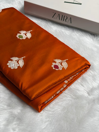 Premium Banarasi Satin Katan Saree With Minakari Boota in Orange Shades SK94