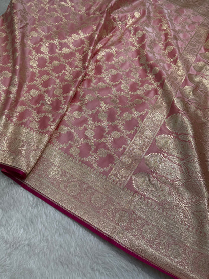 Pastel Baby Pink Jaal Katan Silk saree