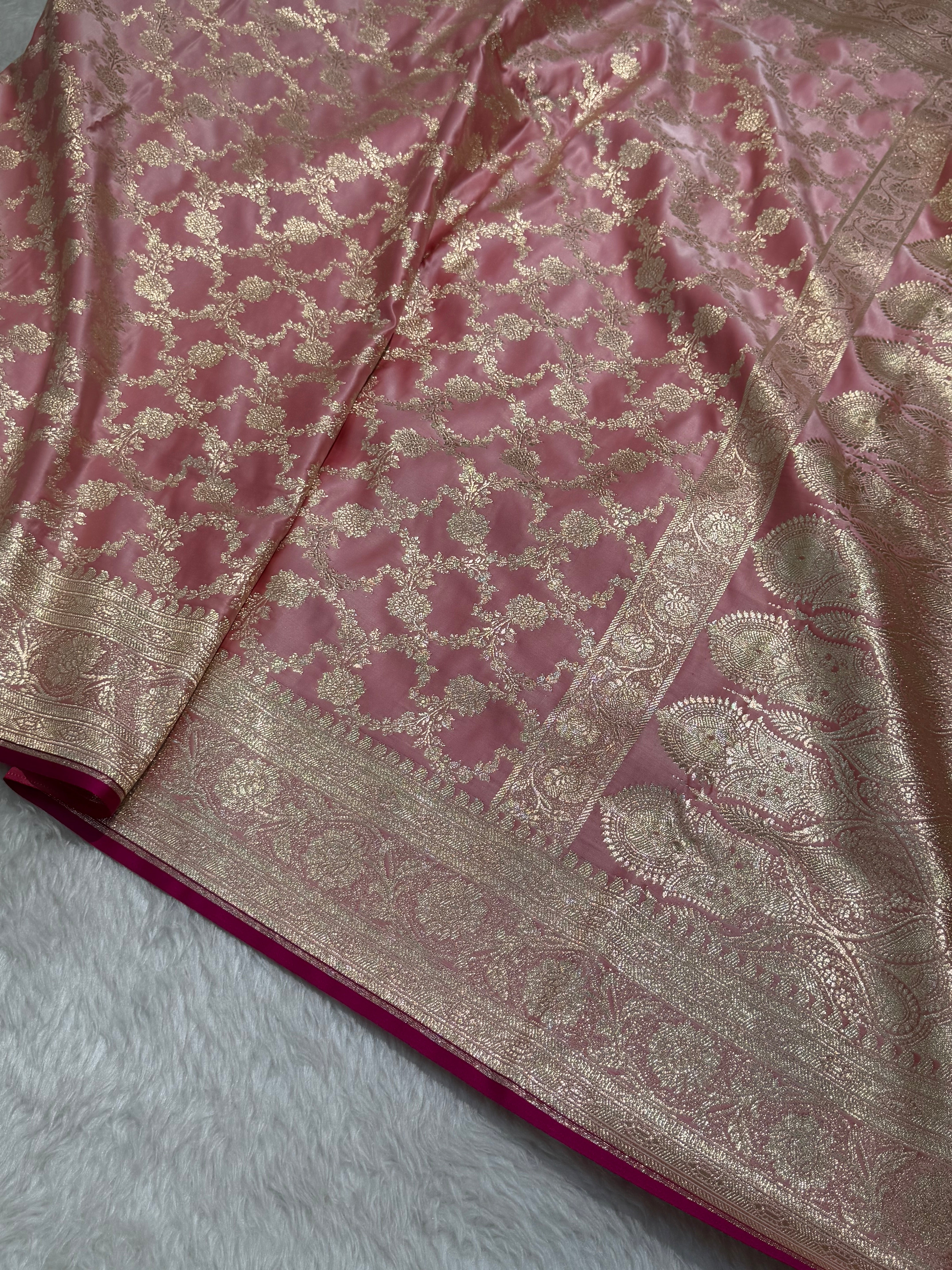 Pastel Baby Pink Jaal Katan Silk saree