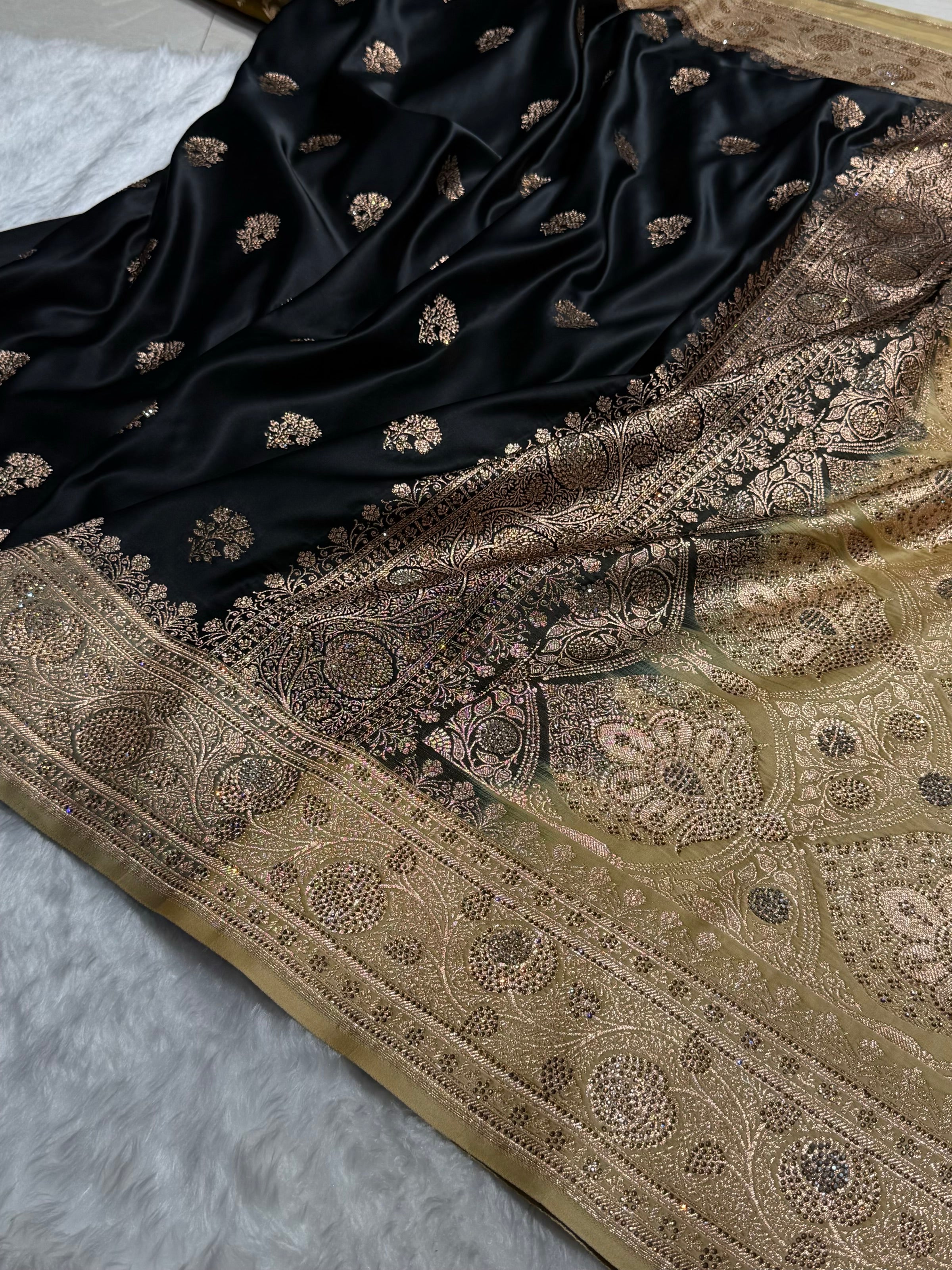 Black - Cream Banarasi Boota With Swarovski Katan Silk Saree BSKM29
