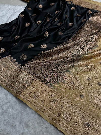 Black - Cream Banarasi Boota With Swarovski Katan Silk Saree BSKM29