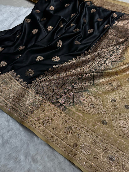 Black - Cream Banarasi Boota With Swarovski Katan Silk Saree BSKM29