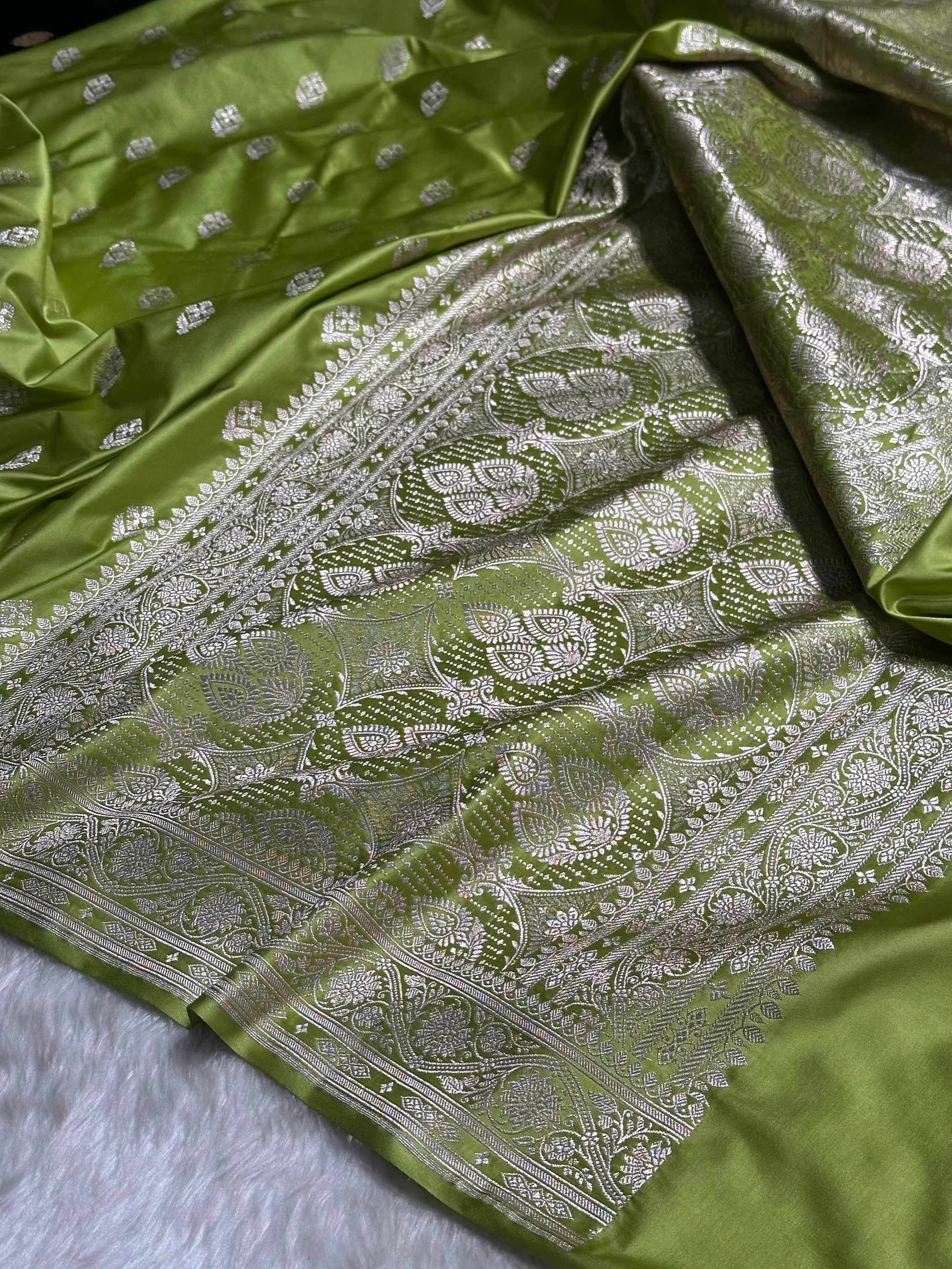 Pista Green Shades Floral Border Boota Mashru Silk Saree MS66