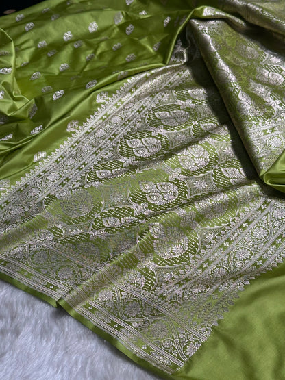Pista Green Shades Floral Border Boota Mashru Silk Saree MS66