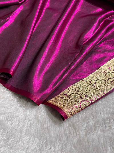 Banarasi Contrast Satin Silk Booti in Pista With Wine Shades SS01
