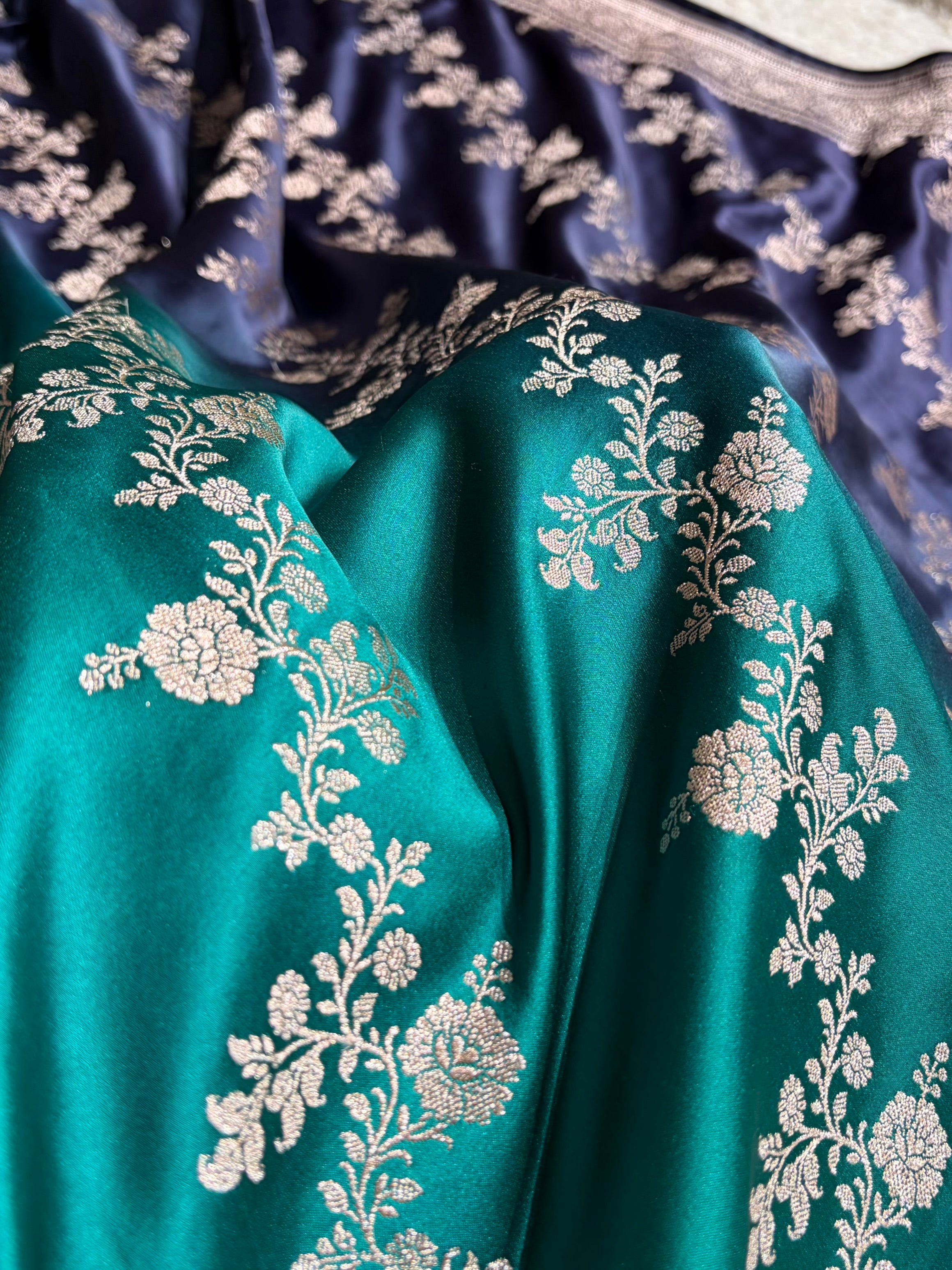 Ombre Navy Blue - Peacock Green Mashru Silk Saree MS01