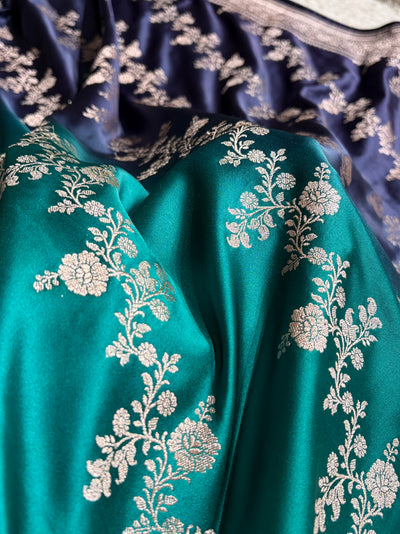 Ombre Navy Blue - Peacock Green Mashru Silk Saree MS01