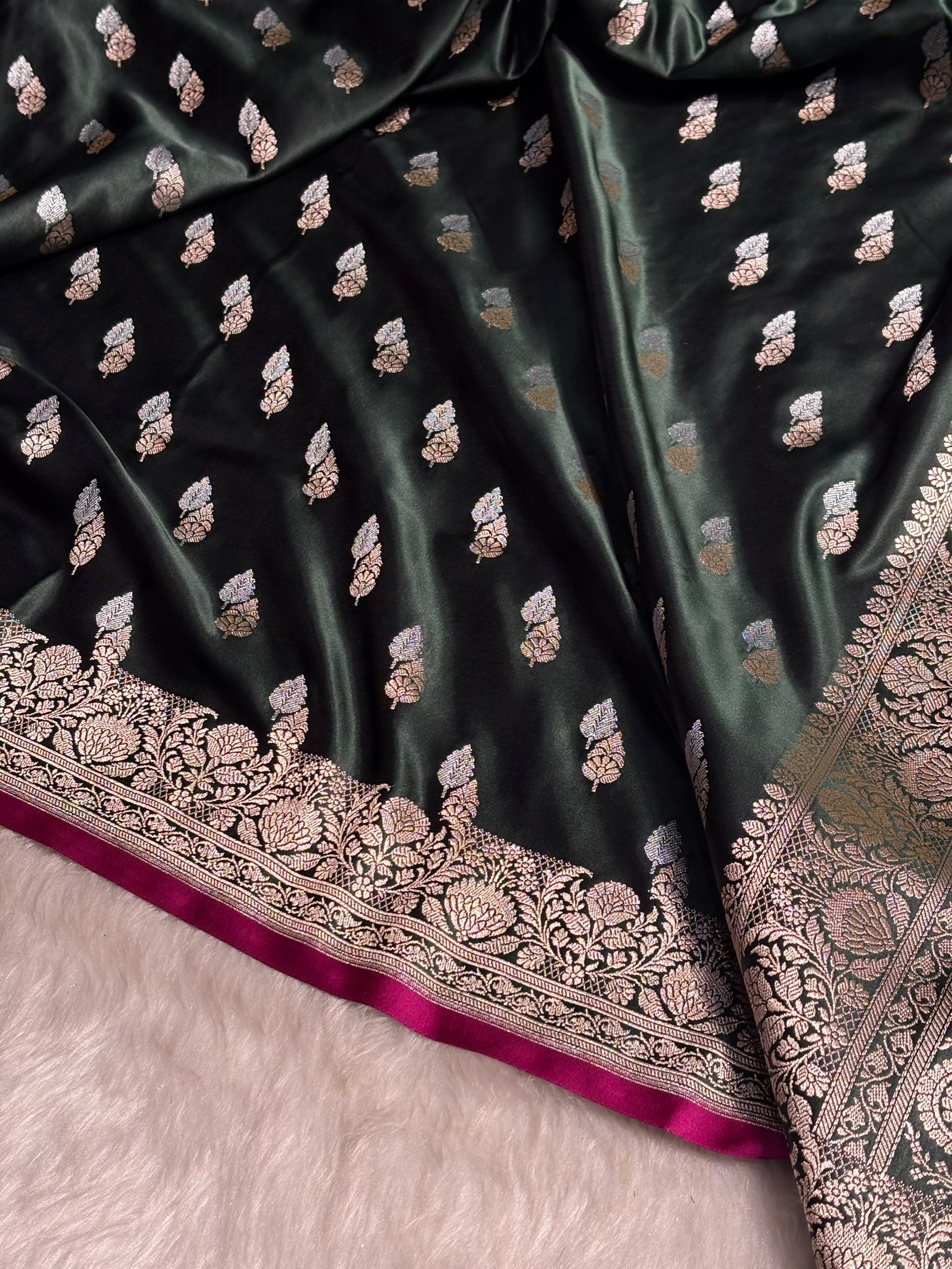 Dark Bottle Green Shades Floral Booti Mashru Silk Saree MSM-69