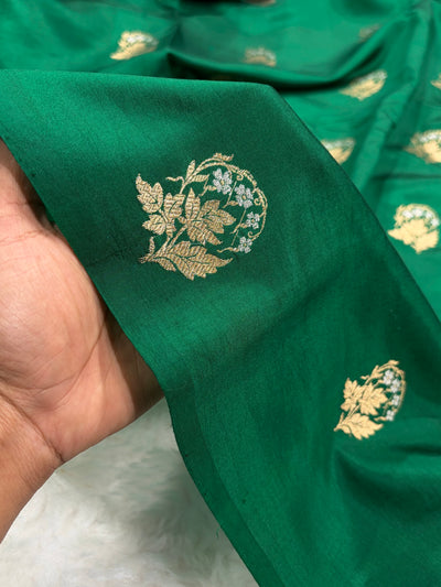 Banarasi Bottle Green Shades Minakari Boota Handwoven Pure Paper Silk Saree RM-92