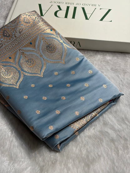 Banarasi Powder Blue Booti Satin katan Silk Saree SK11