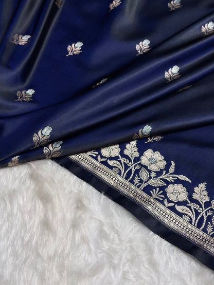 Navy Blue Boota With Floral Border Mashru Silk Saree MSM-85