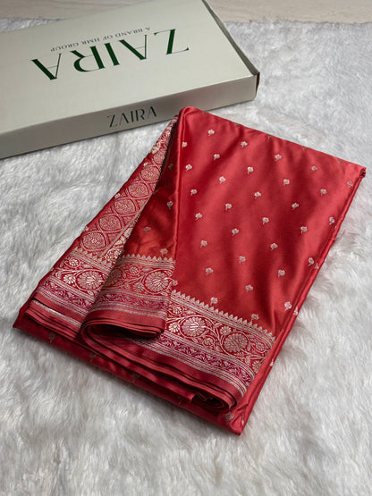 Rusty Peach Shades With Contrast Border Booti Mashru Silk Saree MS78
