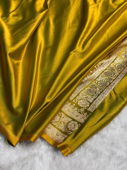 Mehandi Green Floral Jaal Pattern with Sewarovsi Work Satin Katan Silk saree BSK42